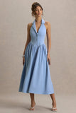 Samsara Light Blue Plunge Neck Collared Midi Dress