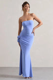 My Muse Blue Ruched Bandeau Split Maxi Dress With Flowers