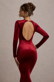 Keaton Berry Velvet Long Sleeve Open Back Maxi Dress