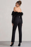 Ales Black Bardot Tailored Straight Leg Jumpsuit With Feather Trim