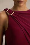 Cressida Burgundy Asymmetric Neck Maxi Dress With Cape And Gold Detail