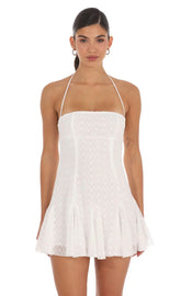 Embroidered Floral Flared Mini Dress in White