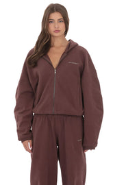 Cropped Fleece Zip Up Hoodie in Brown