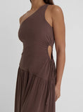Brown Linen One Shoulder Cut Out Detail Dress
