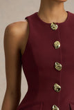 Belony Dark Plum Crew Neck Mini Dress With Button Detailing