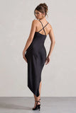 Fillie Black Satin Asymmetric Cowl Neck Midi Dress