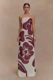 Amaya Strapless Chiffon Maxi Dress Brown Deco Fleur Print