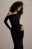 Deanna Black Asymmetric Long Sleeve Ruched Maxi Dress