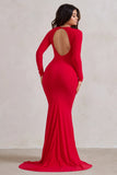One Step Ahead Red Long Sleeve Backless Fishtail Maxi Dress