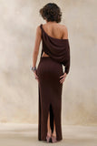 Layla Brown Asymmetric Neck Wrap Maxi Dress With Body Cut Out And Ruched Detailing