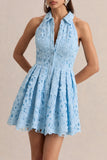 Milly Powder Blue Lace Halter Neck Mini Dress