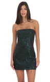 Strapless Green Sequin Fringe Dress in Black