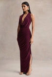 Cairo Burgundy Cowl Neck Maxi Dress With Gathered Detailing