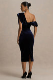 High End Navy Velvet Asymmetric Neck Midi Dress With Draped Detailing