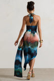 Bali Blue Blur Print Satin Cowl Neck Draped Midi Dress