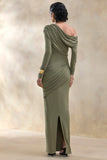Rosirene Olive Asymmetric Neck Maxi Dress With Draped Detailing