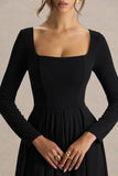 Alison Black Square Neck A Line Midi Dress
