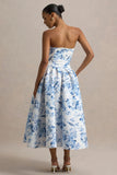 Alaina Blue Porcelain Print Bandeau Midi Dress With Volume Skirt