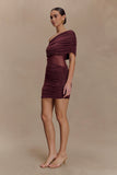 Dallas One Shoulder Mesh Mini Dress Mahogany