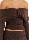 Chocolate Knitted Bardot Long Sleeved Top