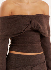 Chocolate Knitted Bardot Long Sleeved Top