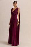 Amelisse Burgundy Plunge Neck Maxi Dress With Ruched Detailing