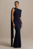 Tiana Navy Asymmetric Neck Maxi Dress With Drape Detail