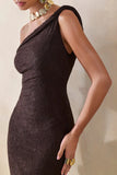 Afina Brown Lace Asymmetric Neck Maxi Dress