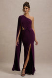 Brona Plum One Shoulder Cape Sleeve Split Maxi Dress