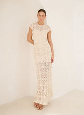 Cream Crochet Cap Sleeve Maxi Dress