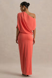 Ronnie Coral Satin Asymmetric Neck Maxi Dress With Draping Detail