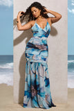 Clio White Print Halter Neck Chiffon Fishtail Maxi Dress