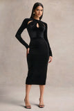 Francine Black Velvet Round Neck Midi Dress With Cut Out Details