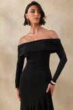 Goldara Black Bardot Neck Maxi Dress With Ruffled Asymmetric Hem