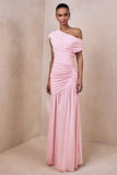 Kady Pink Asymmetric Neck Maxi Dress With Ruched Detailing