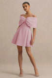 Faria Blush Pink Short Sleeve Bardot Mini Dress With Bow Detail