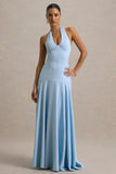 Ginevra Powder Blue Halter Neck Slip Maxi Dress