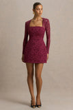 Bijou Burgundy Square Neck Lace Long Sleeve Mini Dress