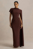 Tropic Brown High Neck Maxi With Long Cape Sleeve
