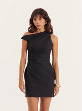 Black Linen Blend One Shoulder Mini Dress