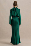 Celina Bottle Green Satin High Neck Maxi Dress