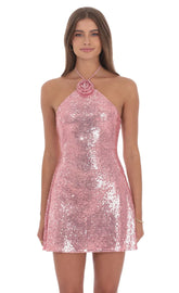 Sequin Florette Halter Dress in Pink