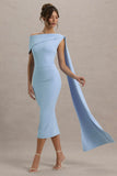 Niamh Powder Blue Asymmetric Midi Dress With Drape