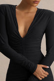 Jewel Black Plunge Neck Maxi Dress With Front Split and Ruched Detailing