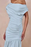 Kady Powder Blue Asymmetric Neck Maxi Dress With Ruched Detailing