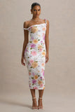 Nora Peach And Lilac Floral Twisted Asymmetric Midi Dress