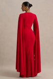 Briony Red Crew Neck Maxi Dress With Cape Sleeves