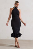 Ashton Black High Neck Midi Dress With Ruffle Hem