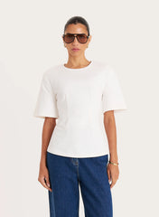 White Shoulder Pad Cinched Waist T Shirt