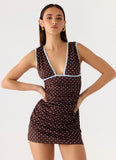 Options Mini Dress Chocolate Blue Dot